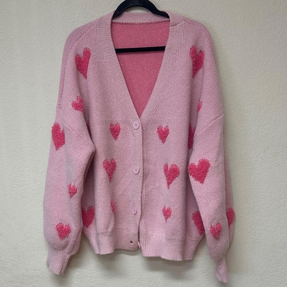 boho Sweaters - Boho womans Valentine’s Pink Heart Patterned cardigan Sweater size XL